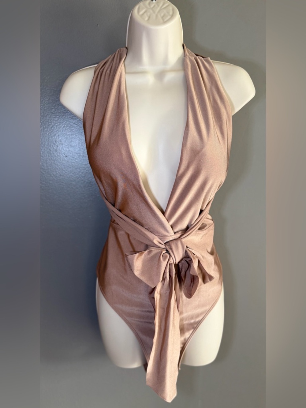 NWT Fashion Nova Nude Plunge Multi Wrap One Piece Swimsuit High Cut Luxe XL